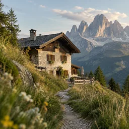 Maison d’hôtes de montagne dans les Dolomites, vue depuis un sentier dans les herbes alpines