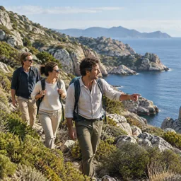 Guide privé sur un sentier côtier en Corse, calcaire clair et mer bleue au loin