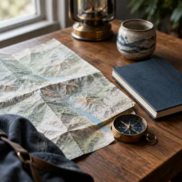 Carte topographique pliée sur une table en bois avec boussole et objet en céramique