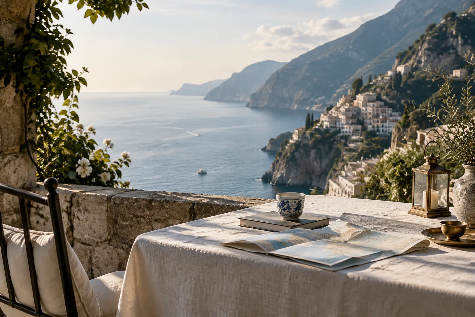 Terrasse de pierre au matin face à la côte amalfitaine, carte pliée et tasse en céramique sur une table de lin