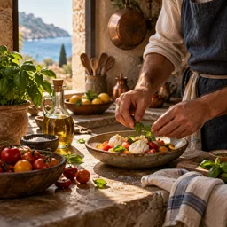 Préparation d’un repas régional dans une cuisine méditerranéenne, ingrédients naturels et détails de cuivre