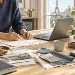 Designer de voyage travaillant à un bureau parisien avec papiers non marqués, échantillons et tasse en céramique