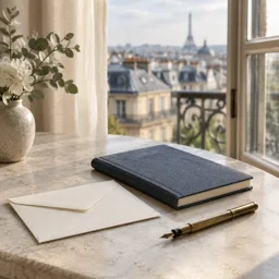 Enveloppe, carnet de lin fermé et stylo en laiton sur une table claire près d’une fenêtre parisienne